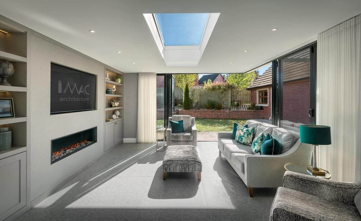 Aluminium bi-fold doors opening a garden room onto the lawn, Northern Ireland